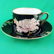 Fitz & Floyd #75 Cloisonne Peony Black Cup & Saucer 