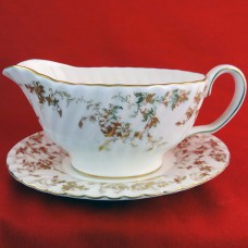 Minton Ancestral Gold Gravy Boat attached  Stand